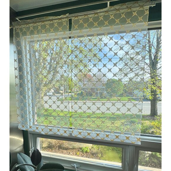 Vintage 60s starburst curtains, yellow, white starburst pattern, MCM, pair - Picture 2 of 10